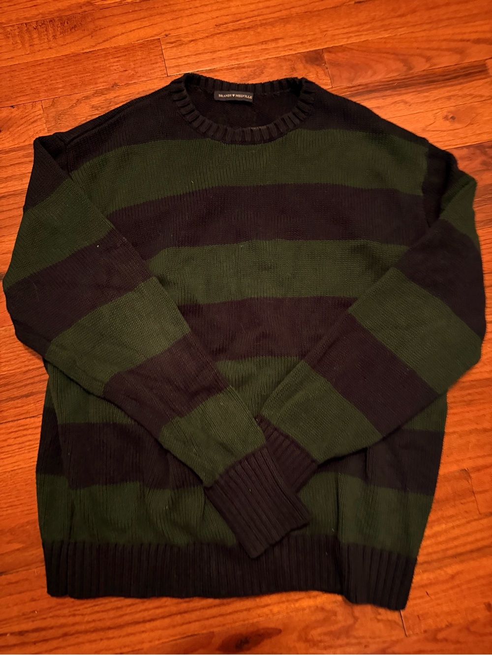 Brandy Melville Green & Navy Striped Crewneck Sweater